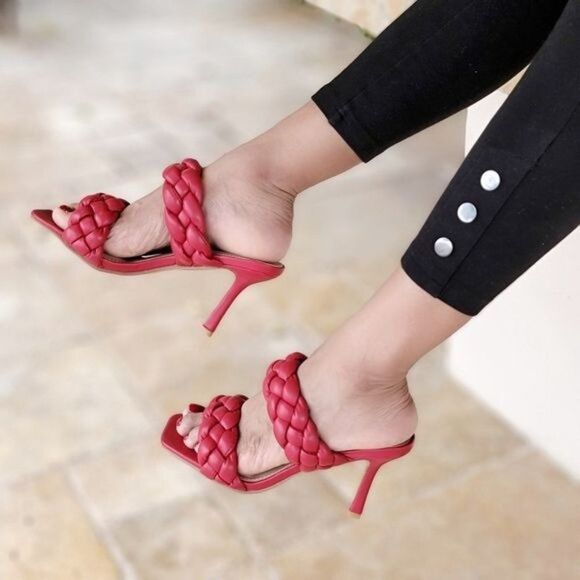 Women's Red Double Braided Square Toe Mule Sandal - Picture 2 of 6